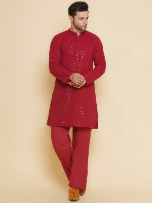 Jashvi Men Maroon Sequence Embroidery Festive Kurta Pyjamas