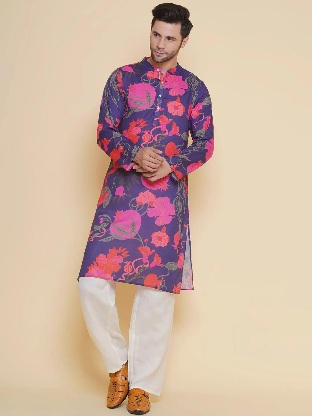 Jashvi Men Purple & Pink Digital Floral Print Festive Kurta Pyjamas