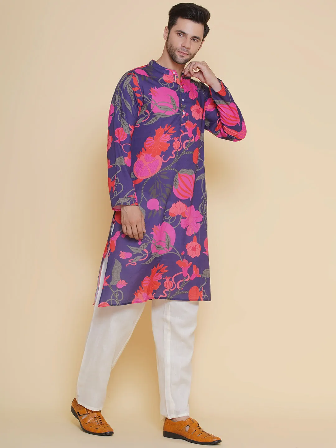 Jashvi Men Purple & Pink Digital Floral Print Festive Kurta Pyjamas