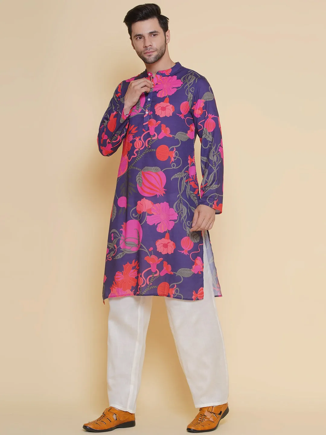 Jashvi Men Purple & Pink Digital Floral Print Festive Kurta Pyjamas