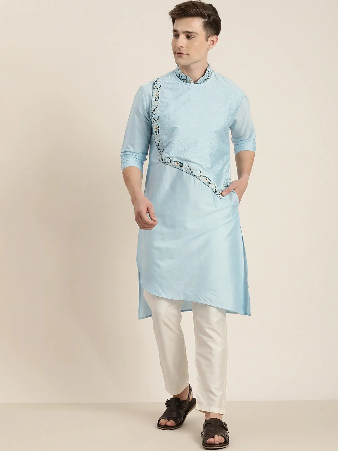 Jashvi Men's Aqua Blue Tread Work Kurta With Cream Pant