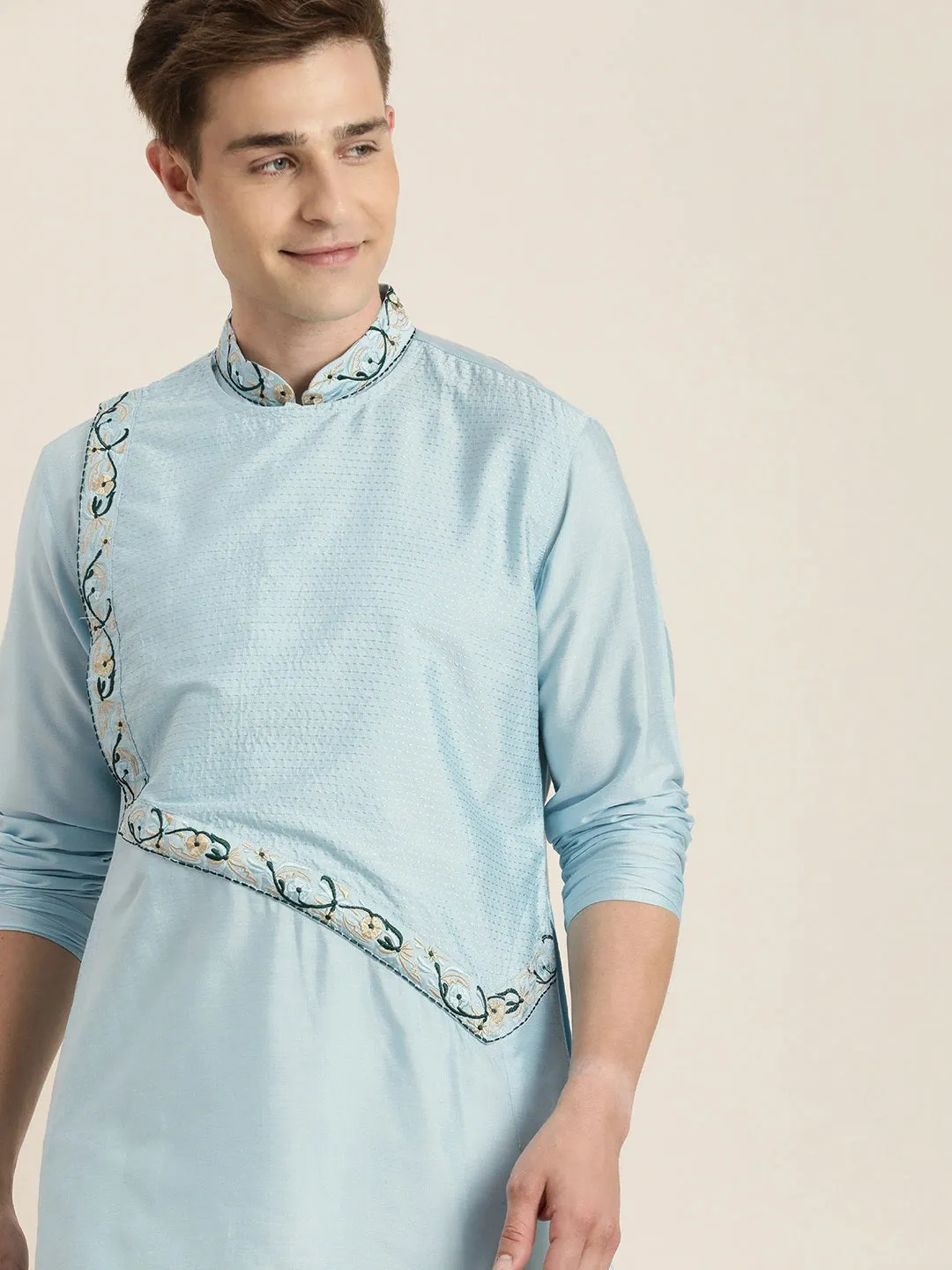 Jashvi Men's Aqua Blue Tread Work Kurta With Cream Pant