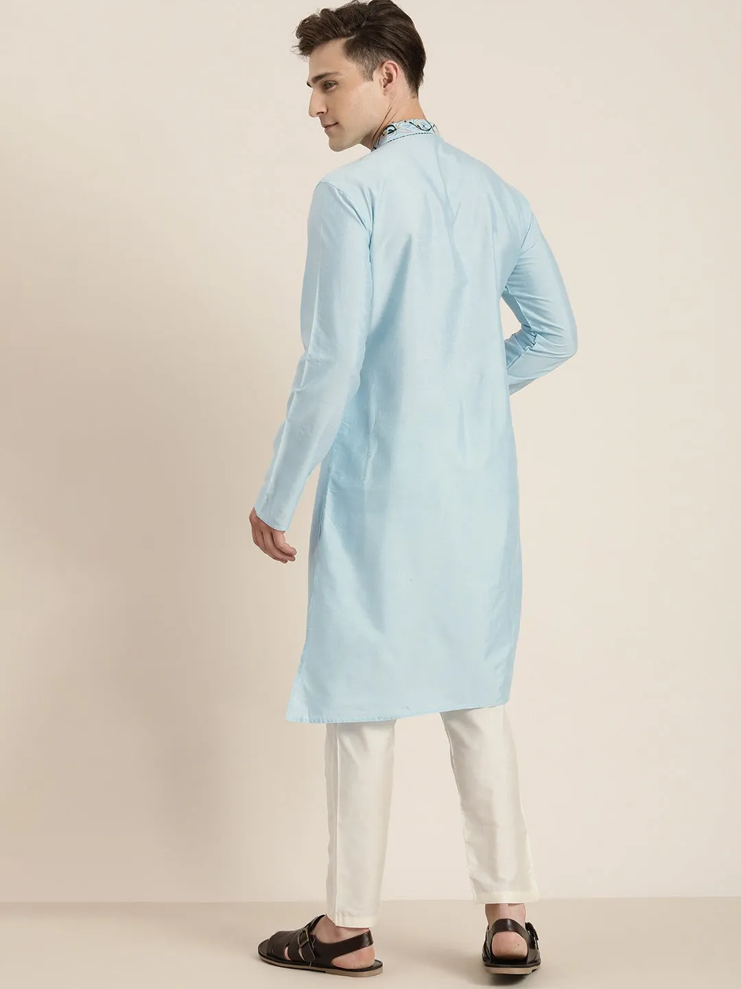 Jashvi Men's Aqua Blue Tread Work Kurta With Cream Pant