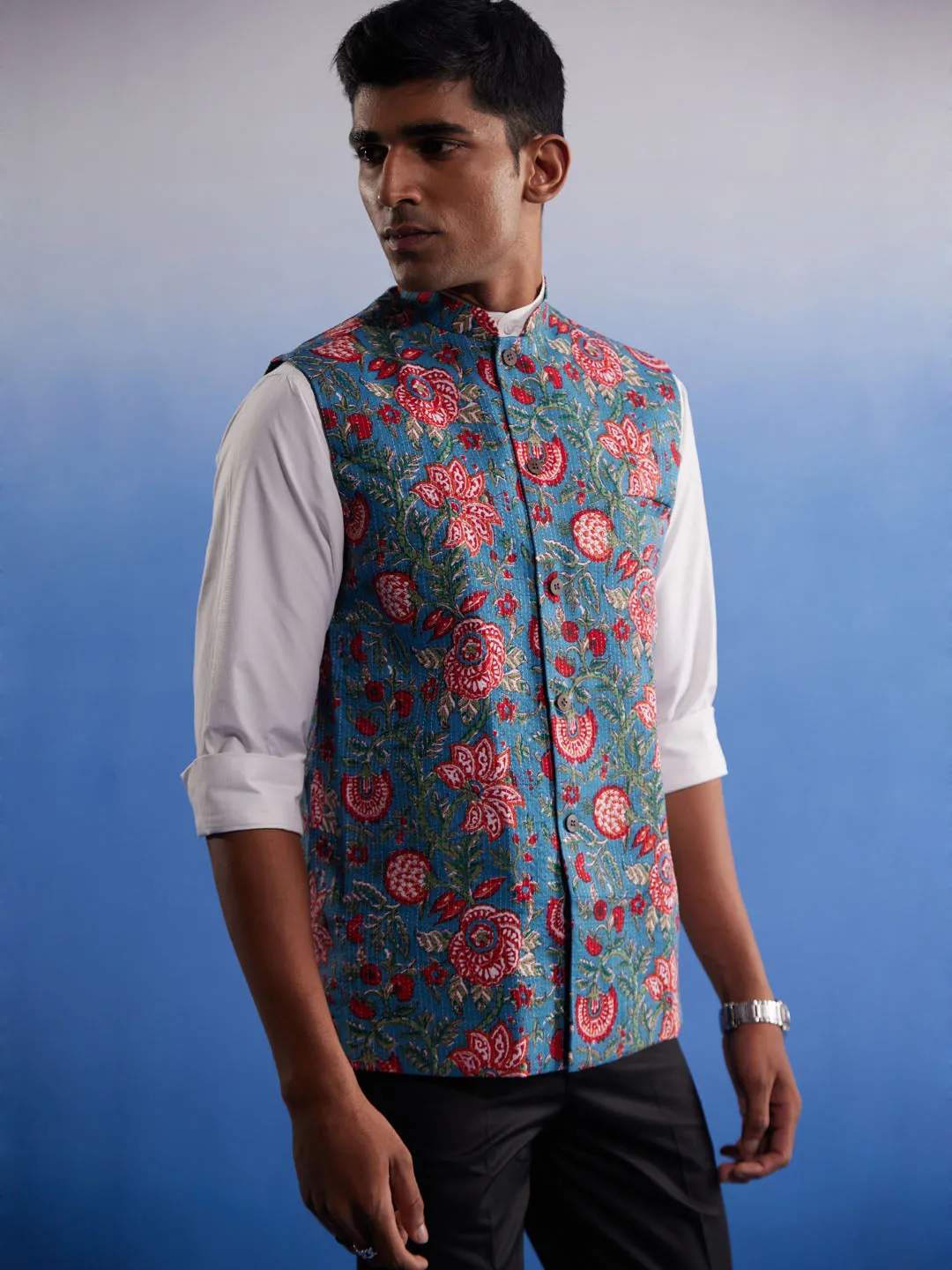 Jashvi Men's Aqua Printed Nehru Jacket