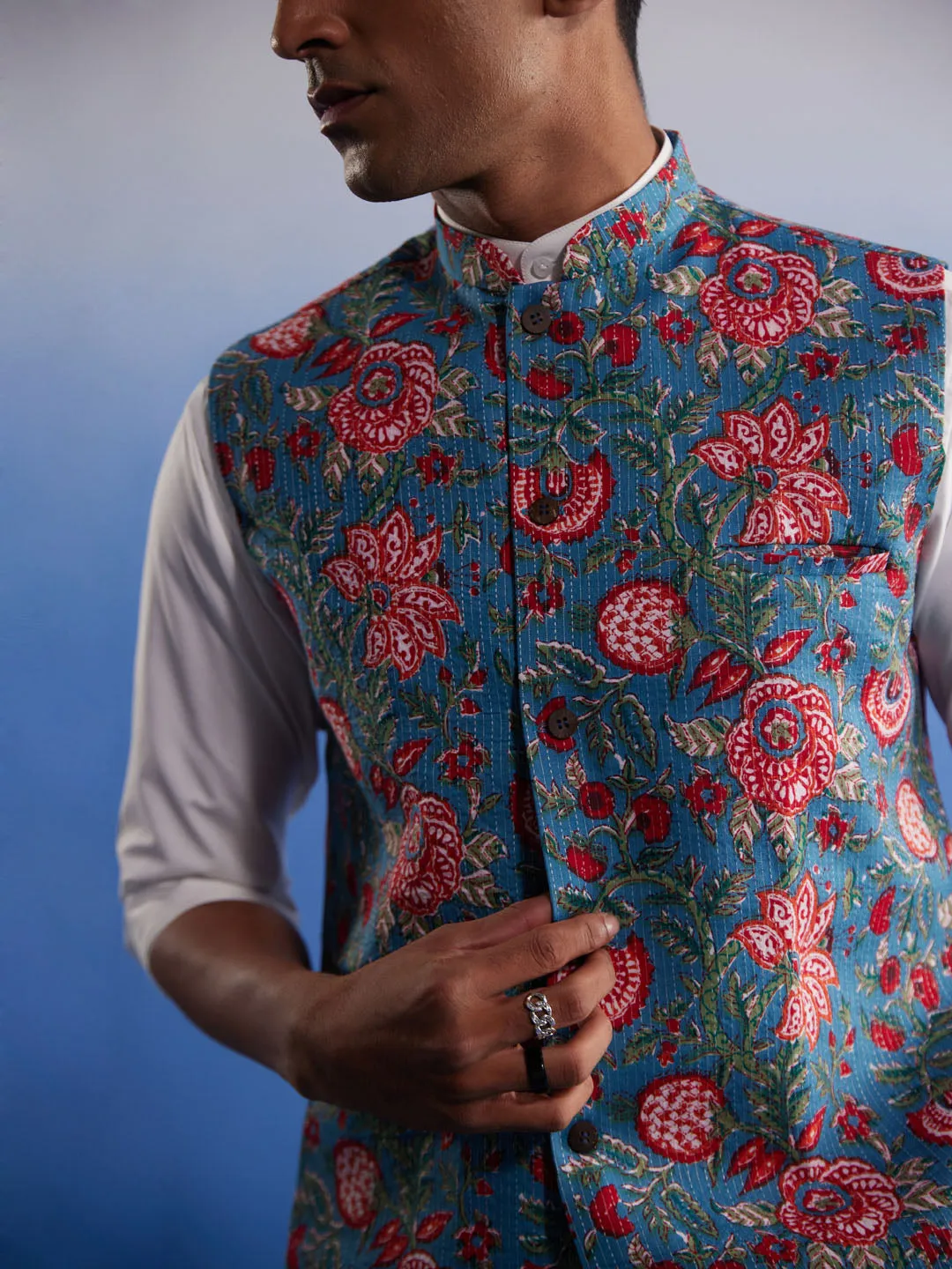 Jashvi Men's Aqua Printed Nehru Jacket