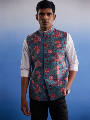 Jashvi Men's Aqua Printed Nehru Jacket