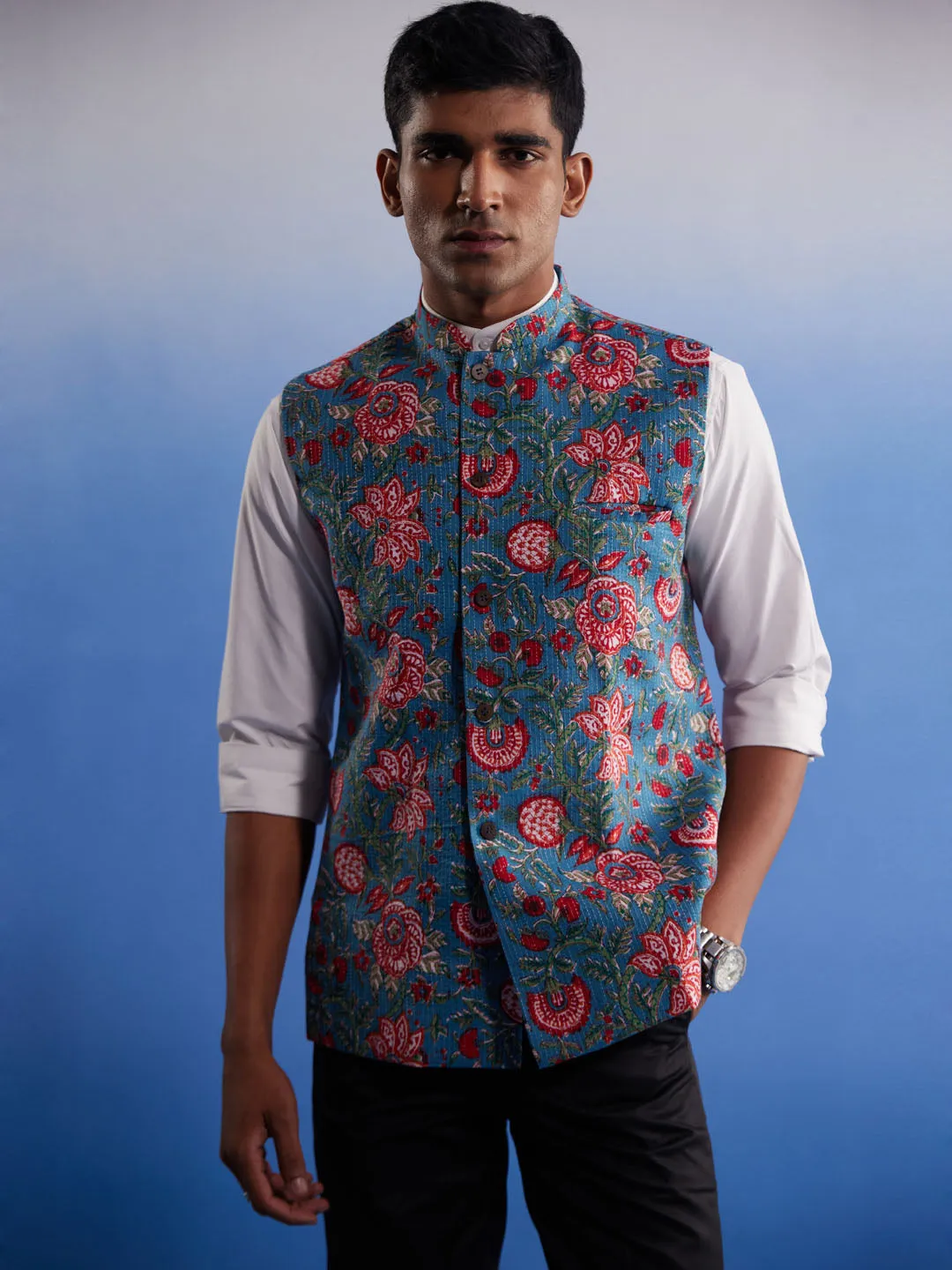 Jashvi Men's Aqua Printed Nehru Jacket