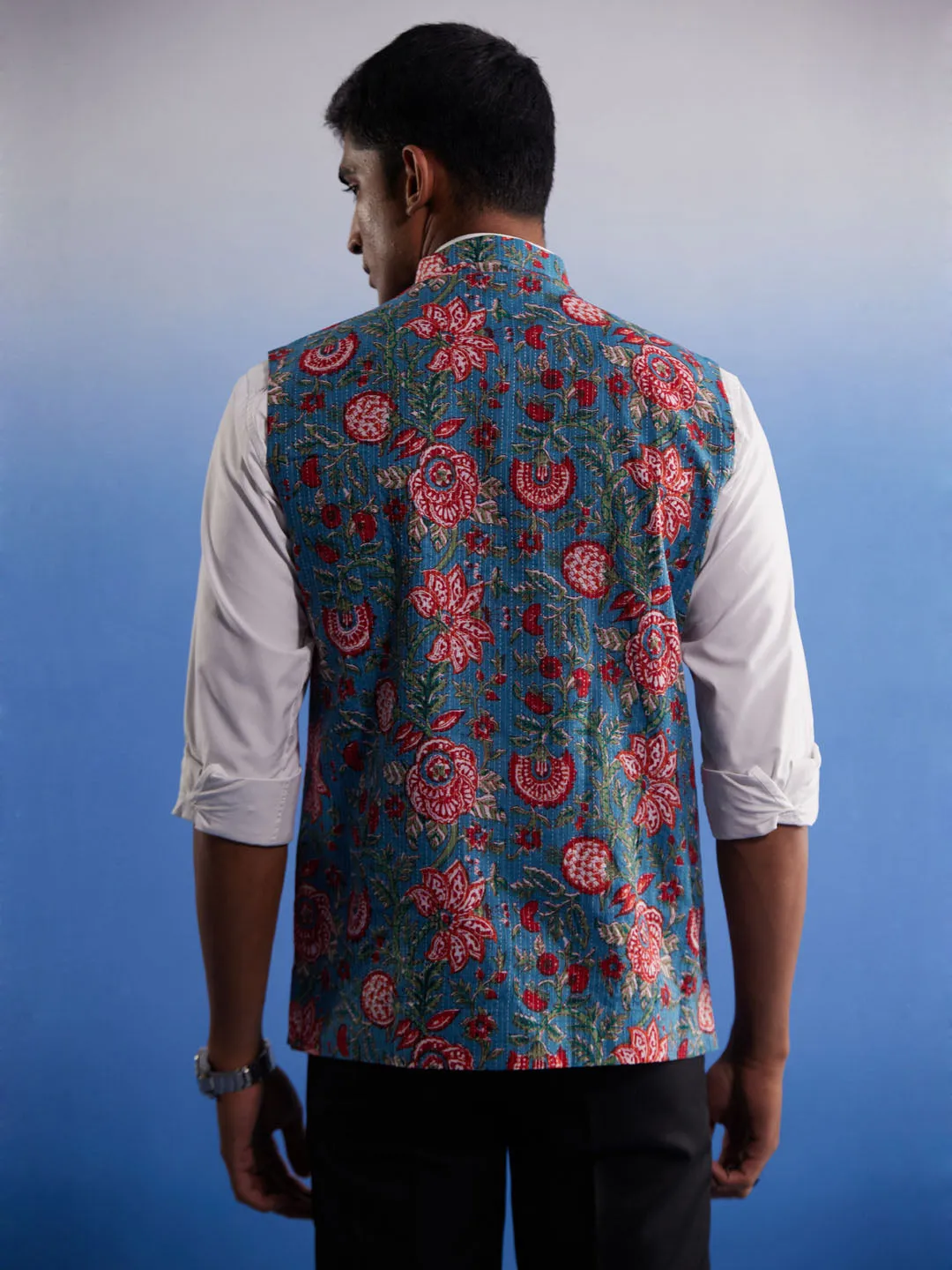 Jashvi Men's Aqua Printed Nehru Jacket