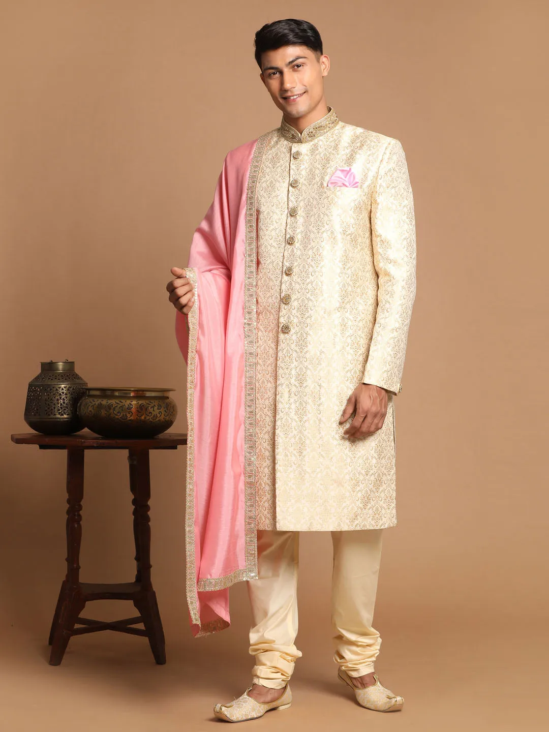 Jashvi Men's Beige And Gold Embroidered Brocade Sherwani Set With Pink Dupatta