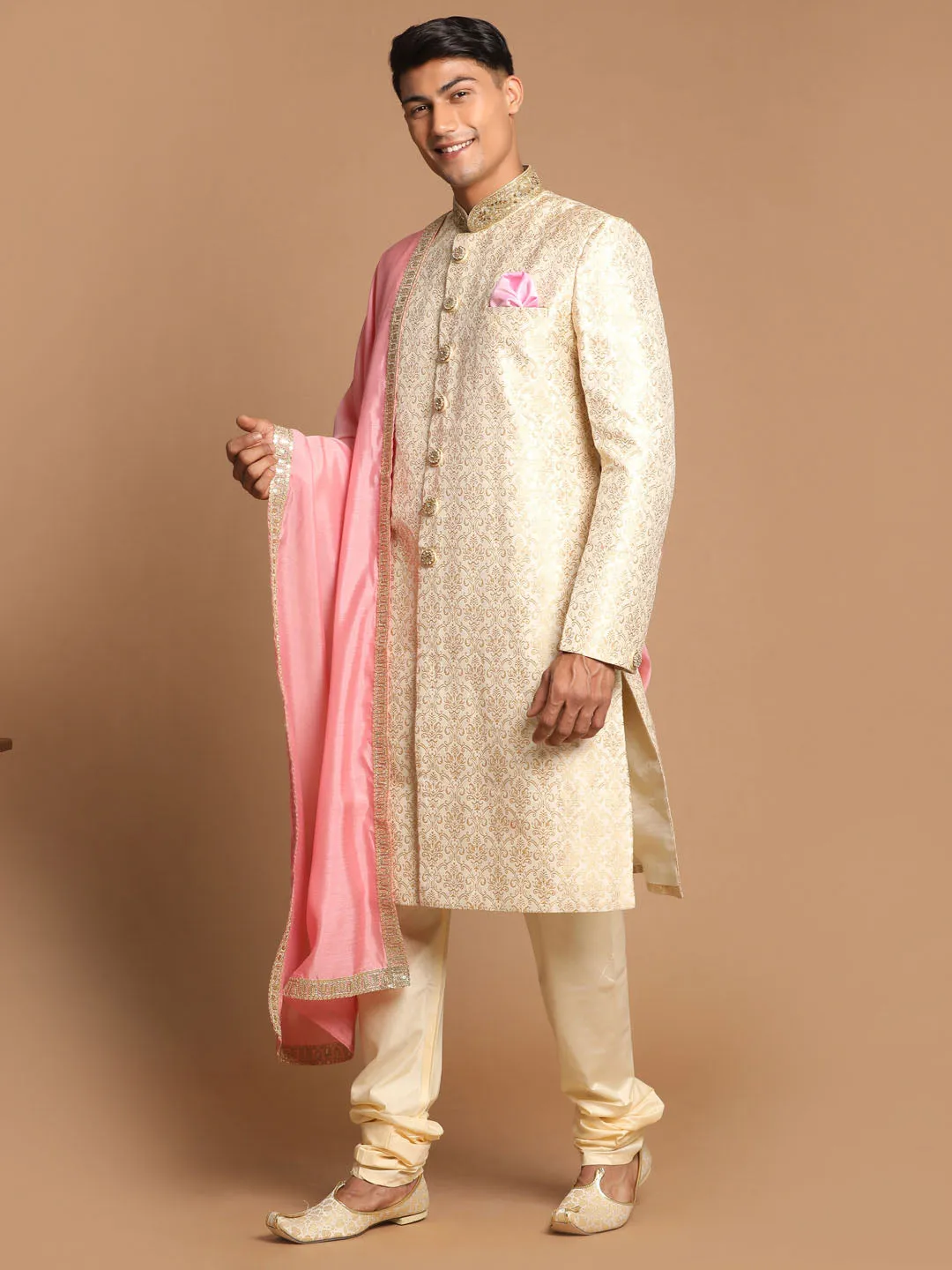 Jashvi Men's Beige And Gold Embroidered Brocade Sherwani Set With Pink Dupatta