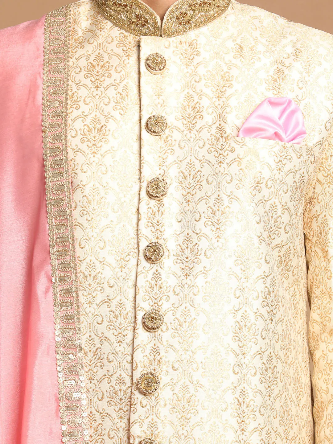 Jashvi Men's Beige And Gold Embroidered Brocade Sherwani Set With Pink Dupatta