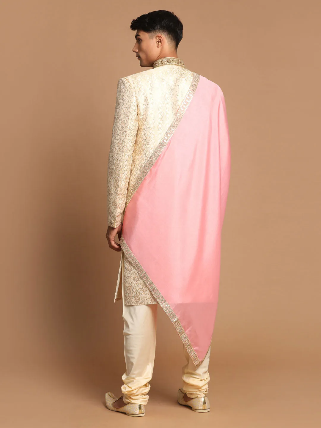 Jashvi Men's Beige And Gold Embroidered Brocade Sherwani Set With Pink Dupatta