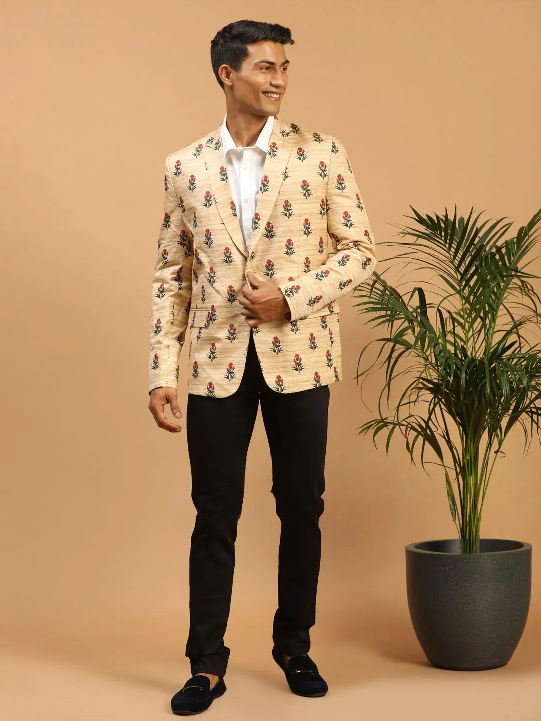 Jashvi Men's Beige Silk Blend Printed Blazer