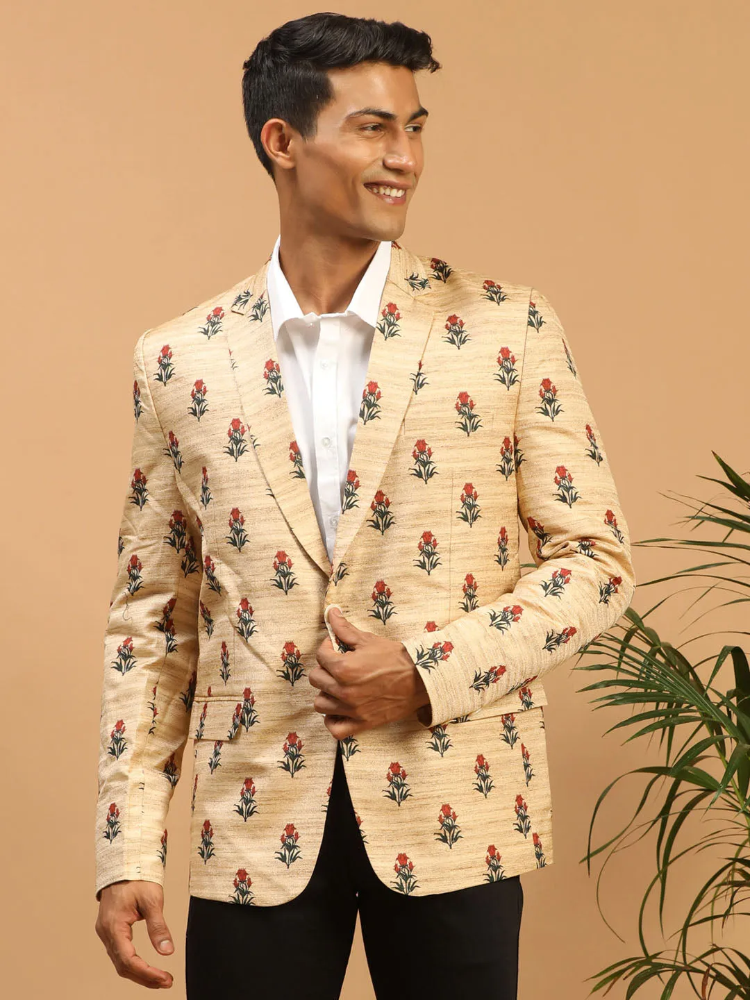 Jashvi Men's Beige Silk Blend Printed Blazer