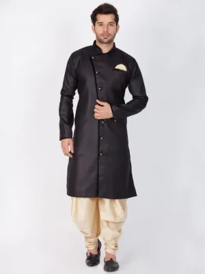 Jashvi Men's Black And Gold Cotton Blend Sherwani Set