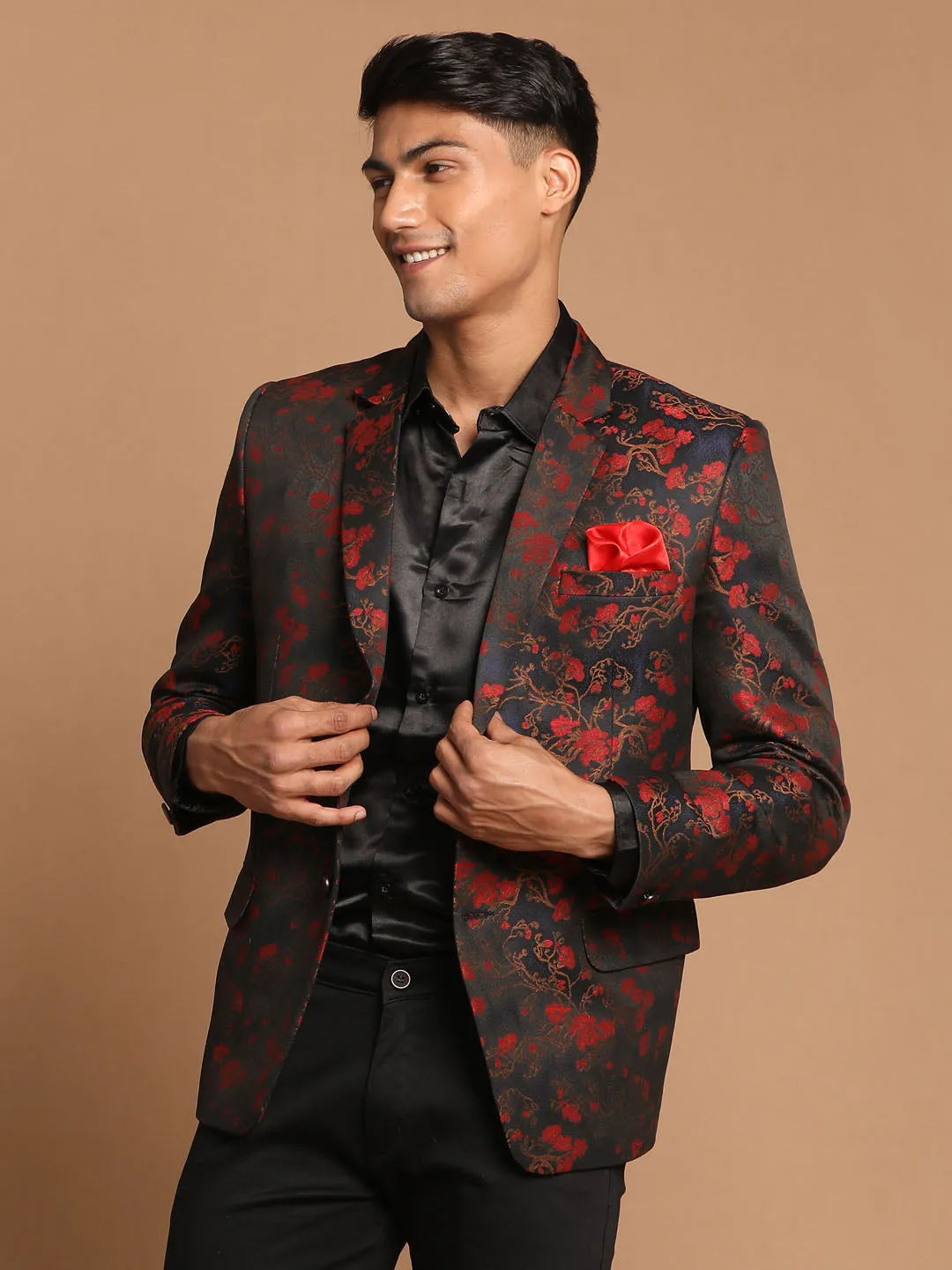 Jashvi Men's Black And Red Woven Blazer