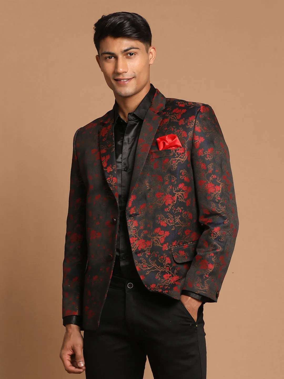 Jashvi Men's Black And Red Woven Blazer