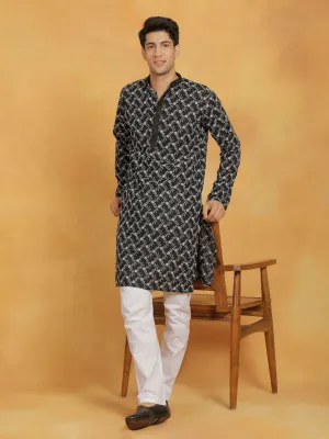 Jashvi Men's Black And White Cotton Kurta And Pyjama Set