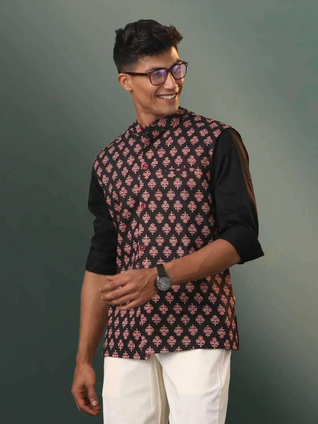 Jashvi Men's Black Floral Printed Cotton Nehru Jacket