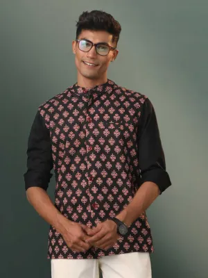 Jashvi Men's Black Floral Printed Cotton Nehru Jacket