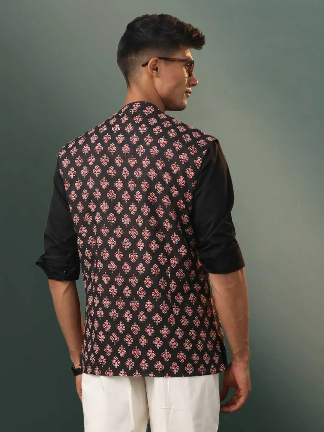 Jashvi Men's Black Floral Printed Cotton Nehru Jacket