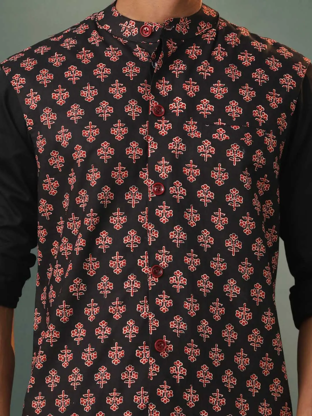 Jashvi Men's Black Floral Printed Cotton Nehru Jacket