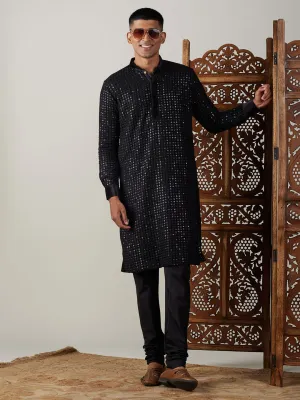 Jashvi Men's Black Mirror Georgette Kurta Pyjama Set