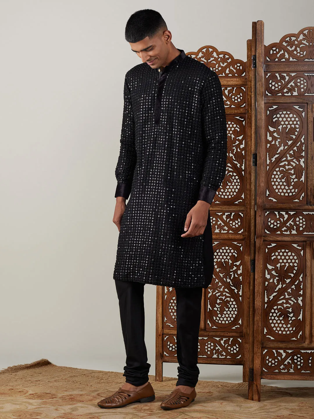 Jashvi Men's Black Mirror Georgette Kurta Pyjama Set