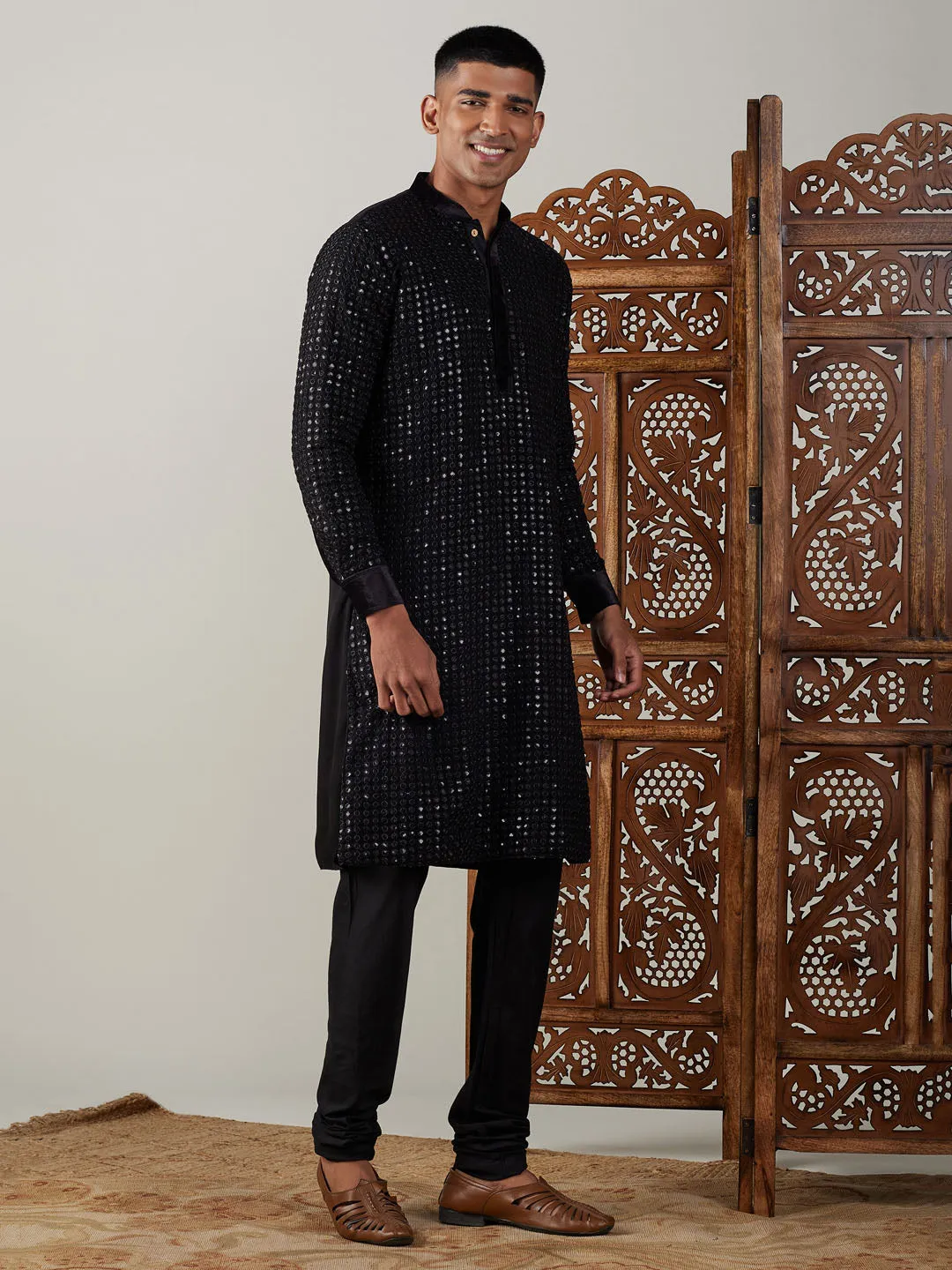 Jashvi Men's Black Mirror Georgette Kurta Pyjama Set