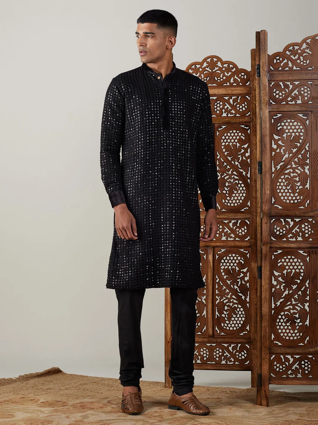 Jashvi Men's Black Mirror Georgette Kurta Pyjama Set