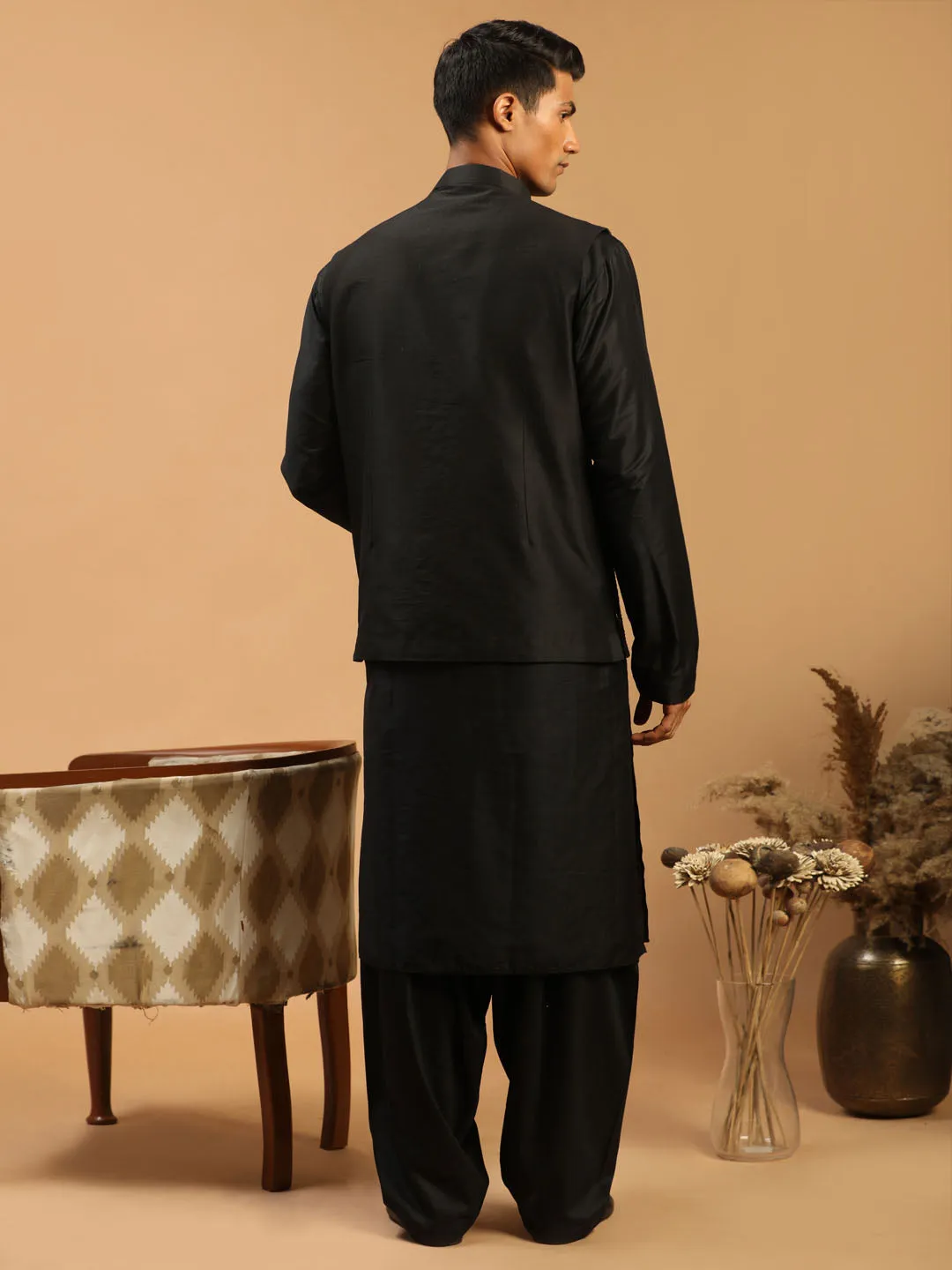 Jashvi Men's Black Mirror Jacket With Kurta Patiala And Dupatta Set