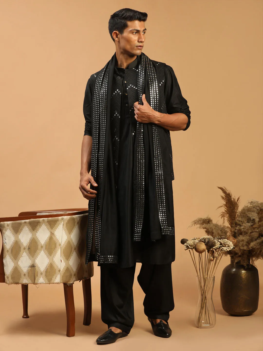 Jashvi Men's Black Mirror Jacket With Kurta Patiala And Dupatta Set