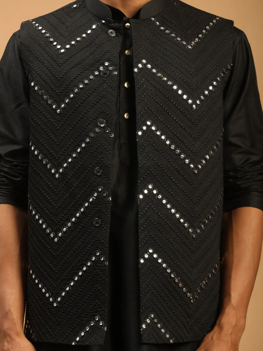 Jashvi Men's Black Mirror Jacket With Kurta Patiala And Dupatta Set