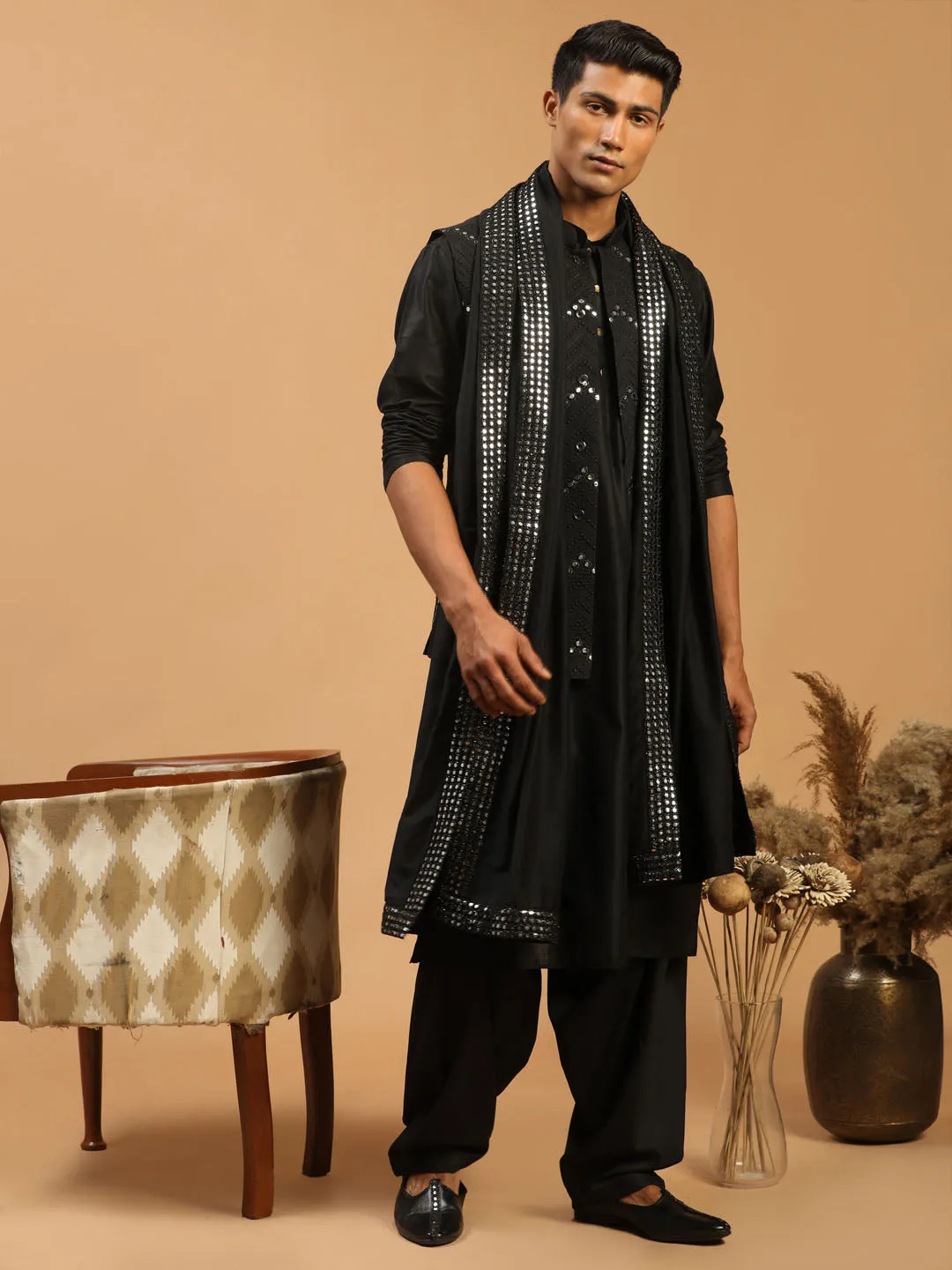 Jashvi Men's Black Mirror Jacket With Kurta Patiala And Dupatta Set