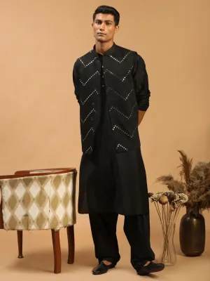 Jashvi Men's Black Mirror Jacket With Kurta Patiala Set