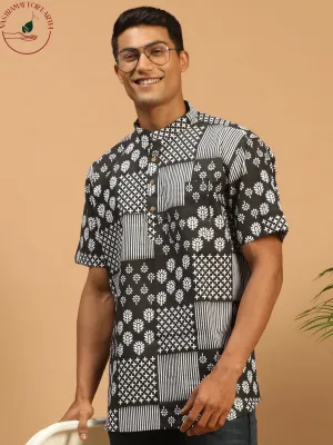 Jashvi Men's Black Printed Pure Cotton Short Kurta