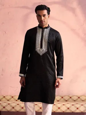 Jashvi Men's Black Silk Machine Embroidered Kurta