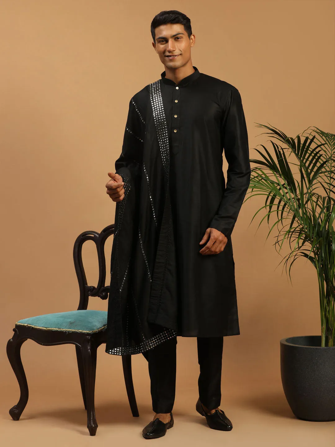 Jashvi Men's Black Viscose Kurta Pant And Dupatta Set