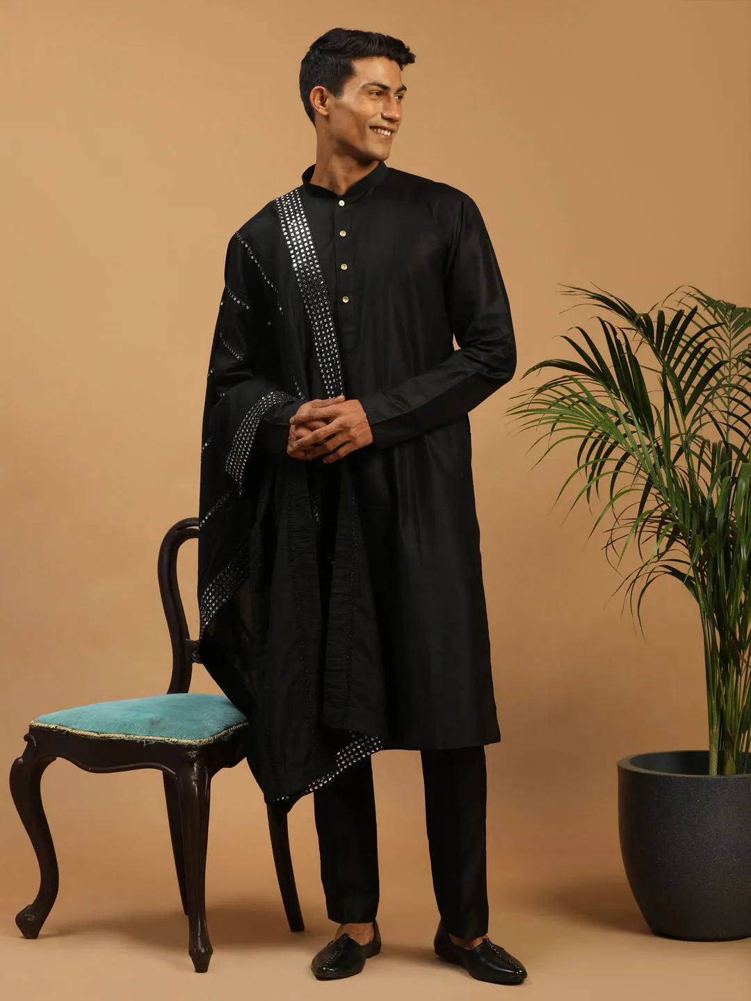 Jashvi Men's Black Viscose Kurta Pant And Dupatta Set