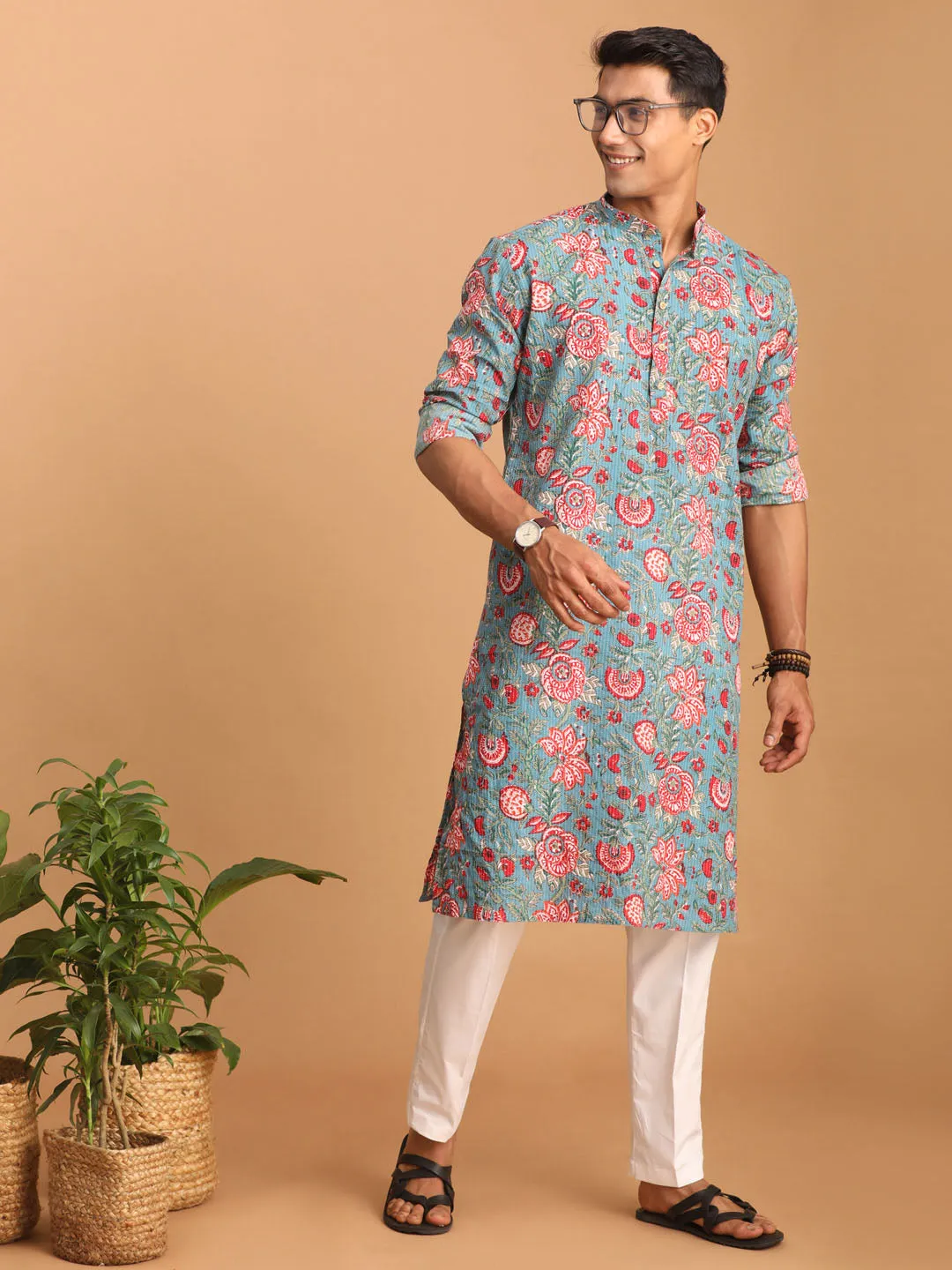 Jashvi Men's Blue And Red Floral Printed Cotton Kurta with White Pant Set