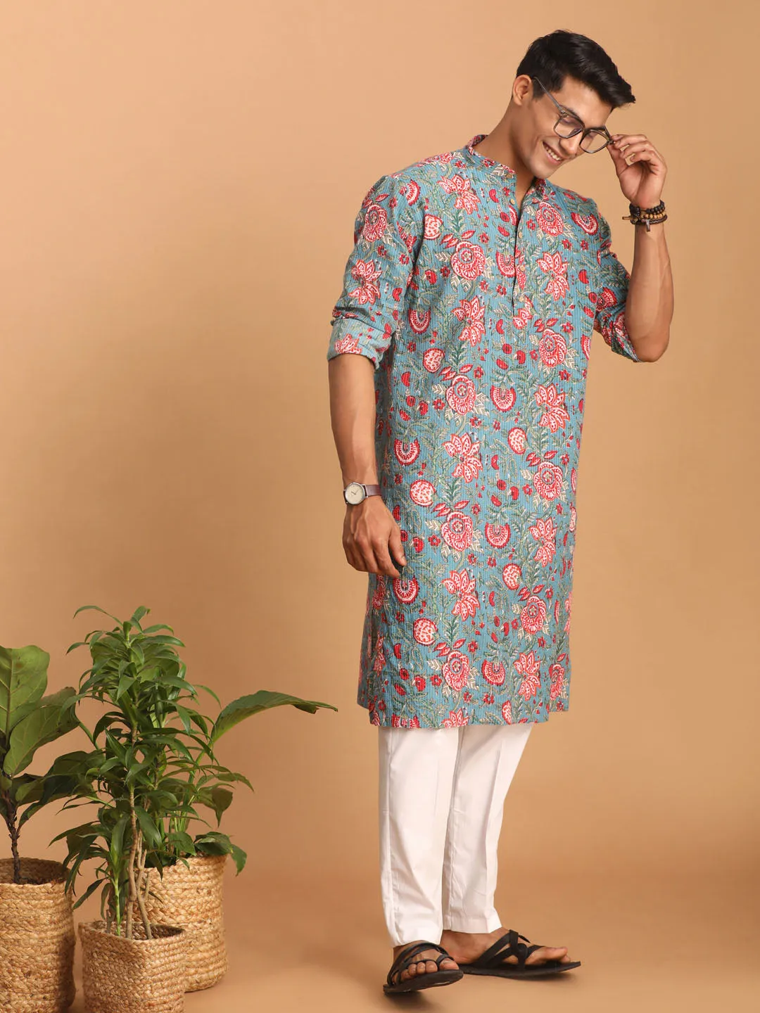 Jashvi Men's Blue And Red Floral Printed Cotton Kurta with White Pant Set