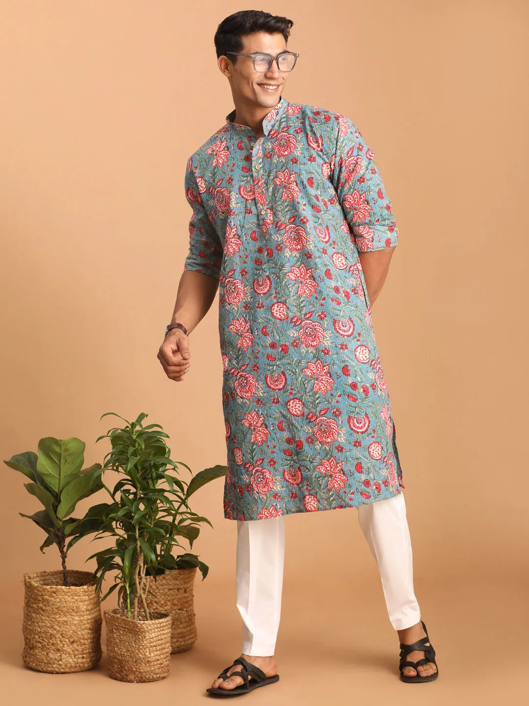 Jashvi Men's Blue And Red Floral Printed Cotton Kurta with White Pant Set