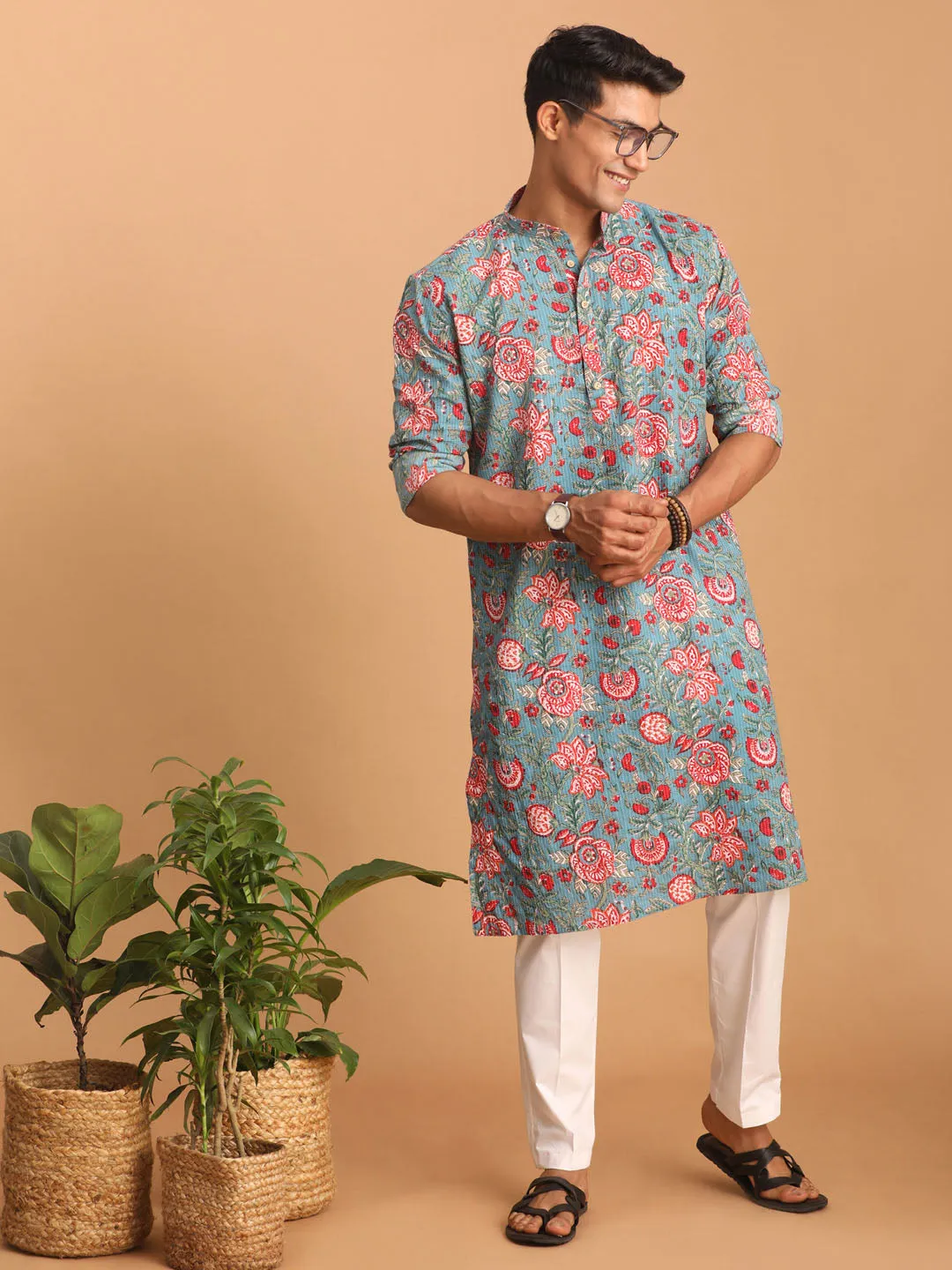 Jashvi Men's Blue And Red Floral Printed Cotton Kurta with White Pant Set