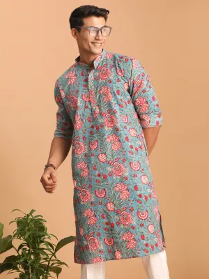 Jashvi Men's Blue And Red Floral Printed Cotton Kurta