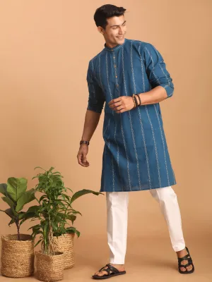 Jashvi Men's Blue denim Jacquard Kurta With White Pant Set