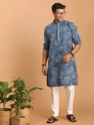 Jashvi Men's Blue Dot Printed Denim Kurta with White Pant Set