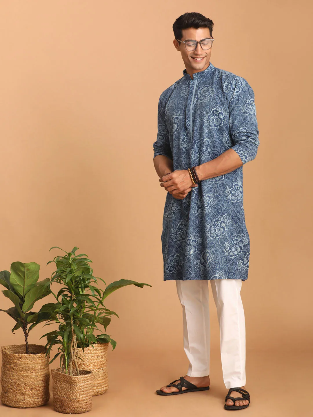 Jashvi Men's Blue Dot Printed Denim Kurta with White Pant Set