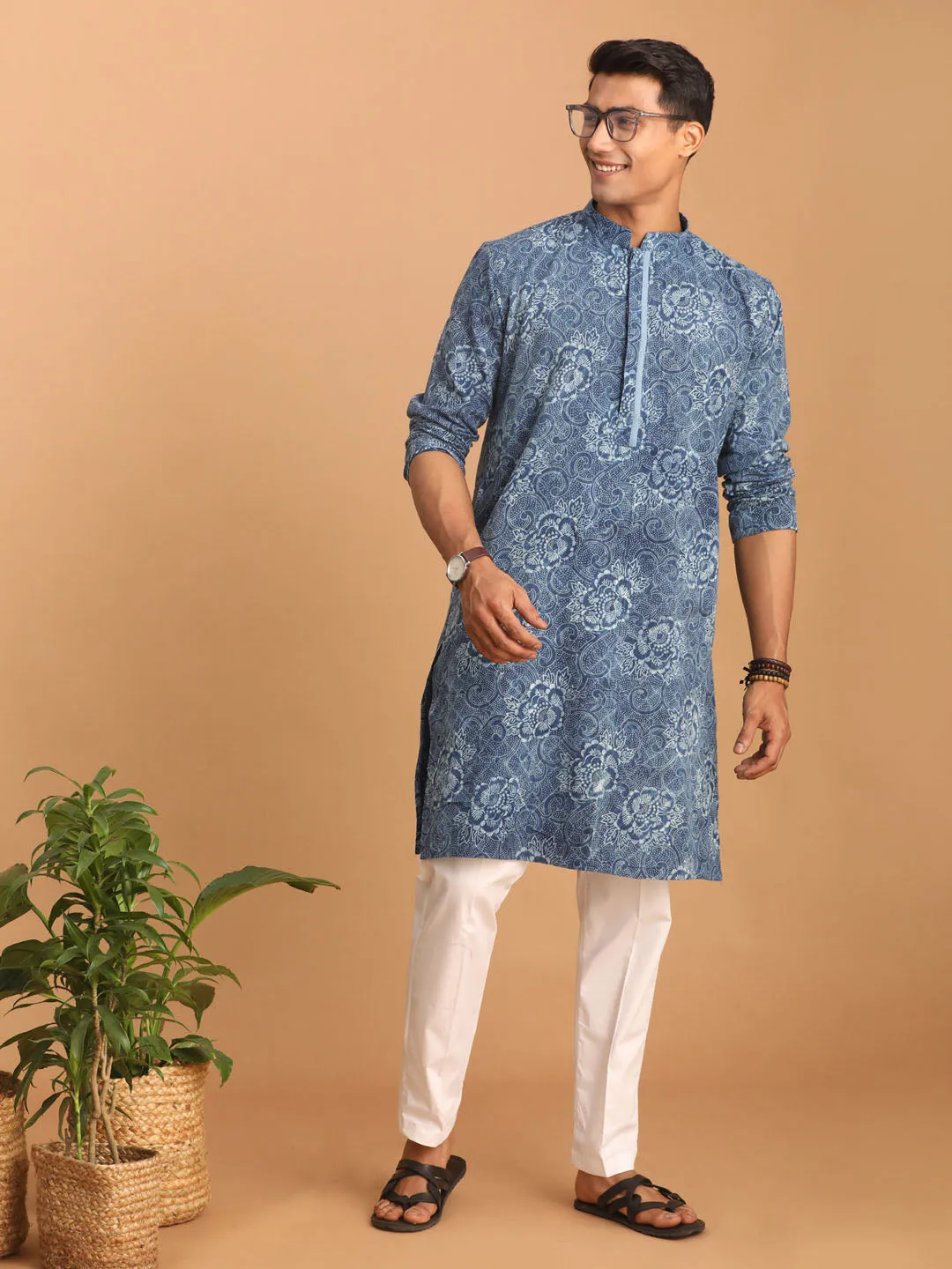 Jashvi Men's Blue Dot Printed Denim Kurta with White Pant Set