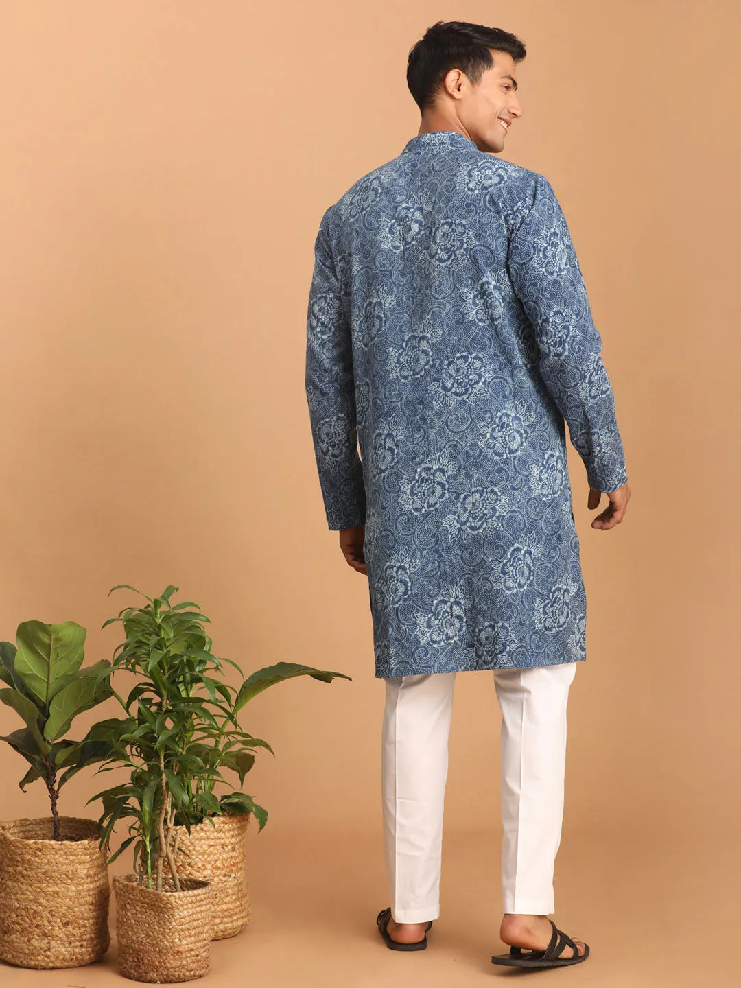 Jashvi Men's Blue Dot Printed Denim Kurta with White Pant Set