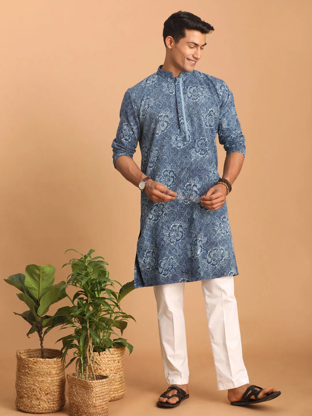 Jashvi Men's Blue Dot Printed Denim Kurta with White Pant Set